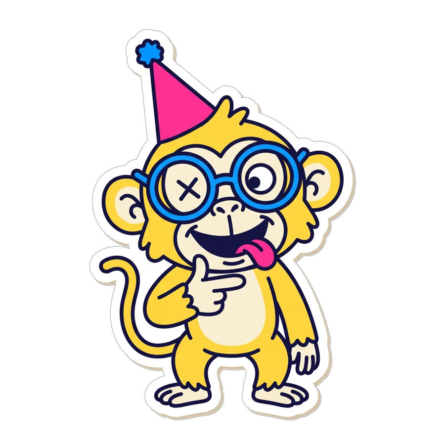 A cross-eyed monkey in a party hat pointing at you